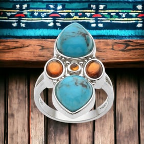 Southwest Turquoise & Hessonite Garnet Sterling Silver Ring - Size 6
