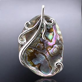 Large Abalone Pendant wrapped with a detailed Sterling Silver design
