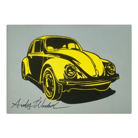 Painting in the Style of Andy Warhol Featuring Yellow VW Beetle with Signature