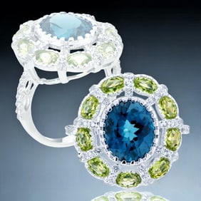 5.71 Cttw London Blue Topaz & Peridot Sterling Silver Ring with White Topaz accents - Size 7