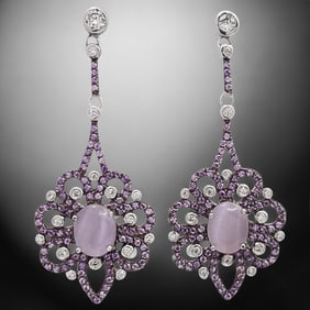 Sterling Silver Purple Cats Eye Long Dangle Earrings