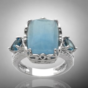 Regal Milky Aquamarine Sterling Silver Ring with deep London Blue Topaz - Size 7