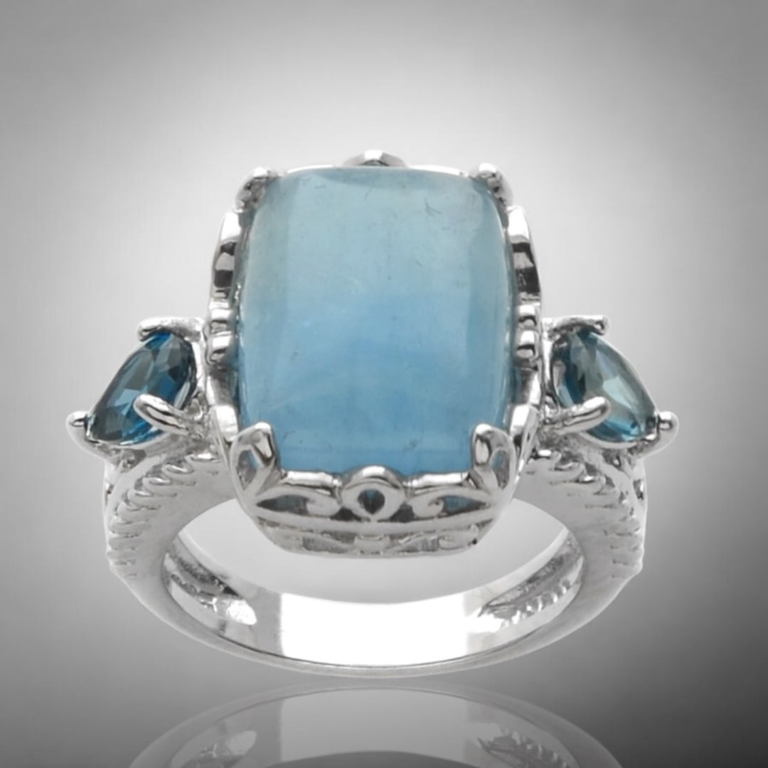 Regal Milky Aquamarine Sterling Silver Ring with deep London Blue Topaz - Size 7 (1 of 1)