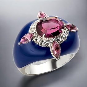 Sterling Silver Enamel Dome with Swarovski elements Ring - Size 7