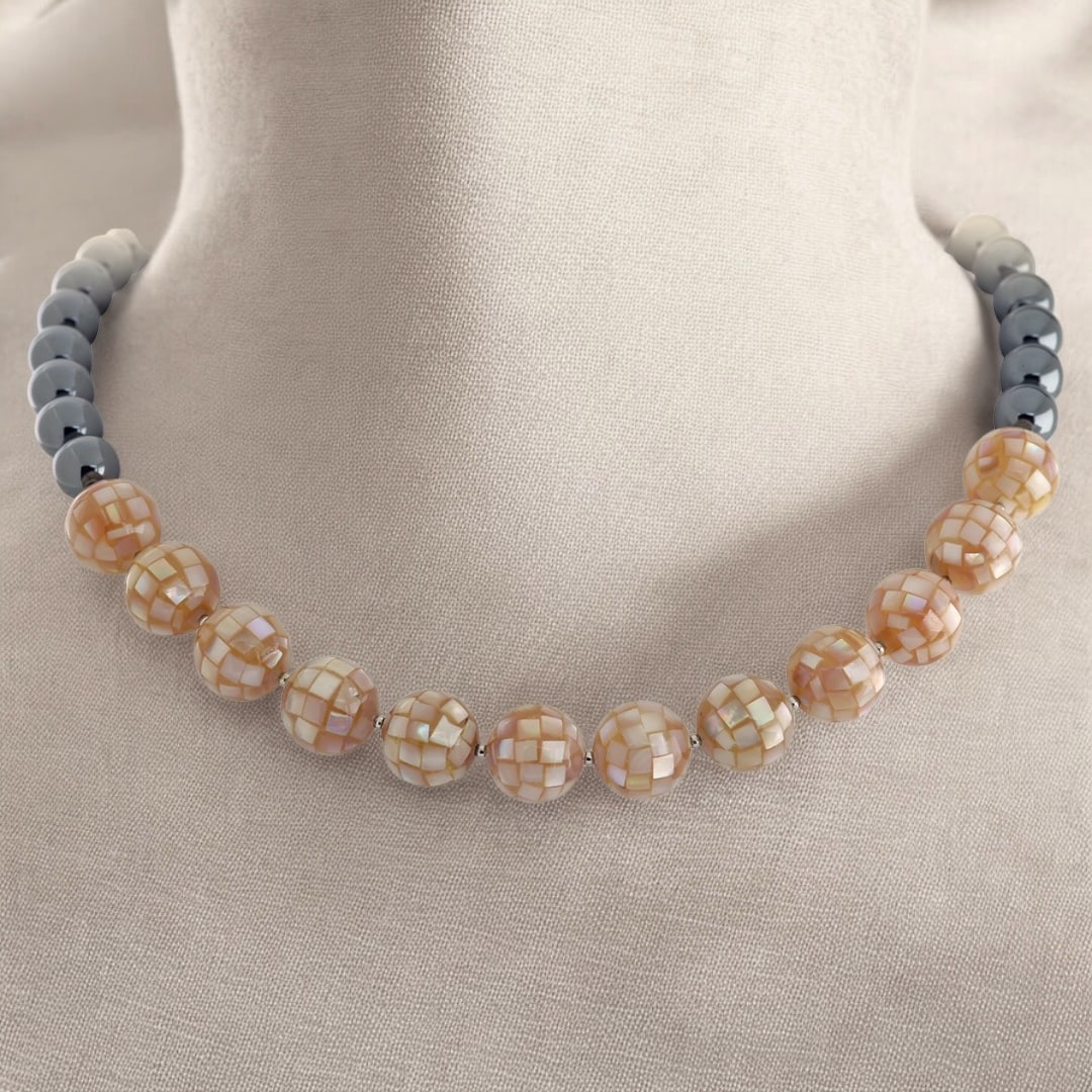 Pink Mosaic MOP & Hematite Beaded Necklace (1 of 2)