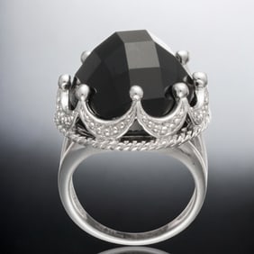 Faceted Black Agate Sterling Silver Crown Setting Ring - Size 5