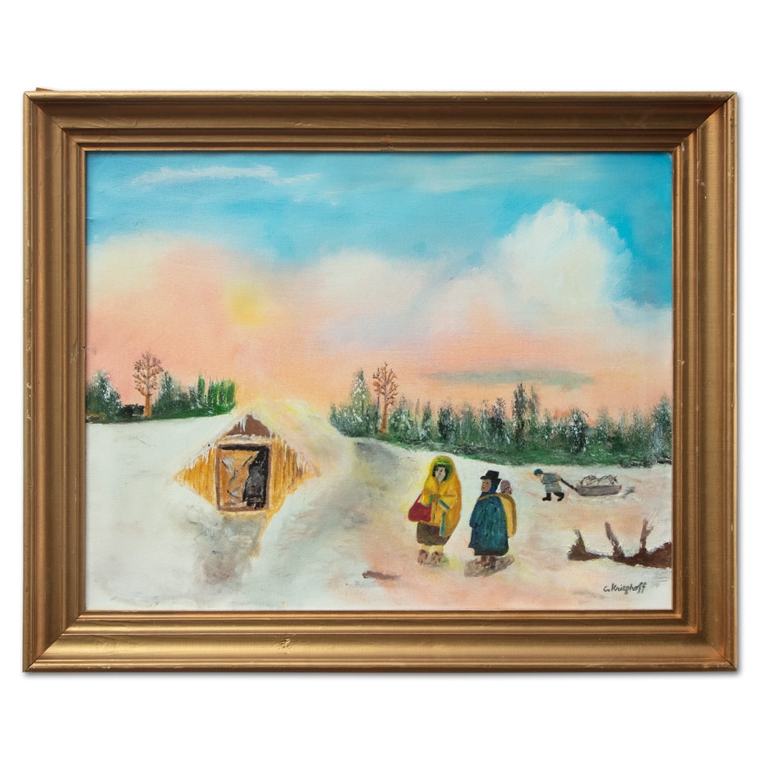 Oil on Canvas C. Kinghoff 16" x 20": Description: Oil Painting Attributed to C. Kinghoff – “Winter Cabin Scene". We are pleased to offer a captivating oil on canvas attributed to C. Kinghoff, depicting a tranquil winter landscape imb