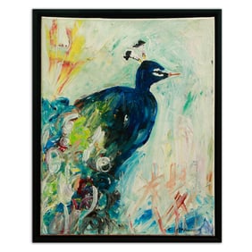 Framed Conrado Lopez Attributed Oil on Canvas of a Peacock