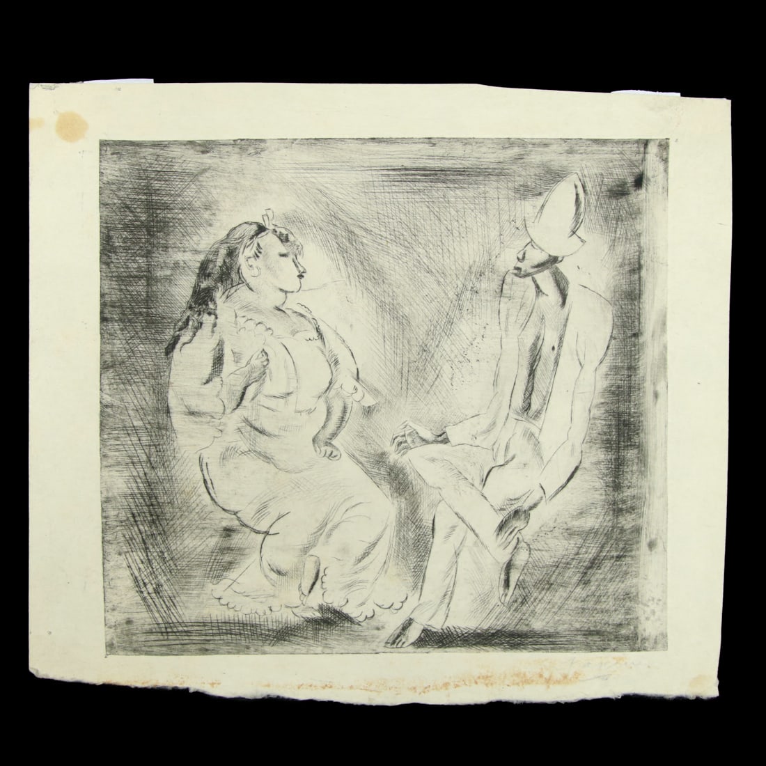 Jules Pascin Etching: "Los Cubanos" – A Glimpse into Bohemian Conversations: Description: Jules Pascin Etching: "Los Cubanos" – A Glimpse into Bohemian Conversations We are delighted to offer an exquisite etching by the celebrated artist Jules Pascin, titled "Los Cubanos." T