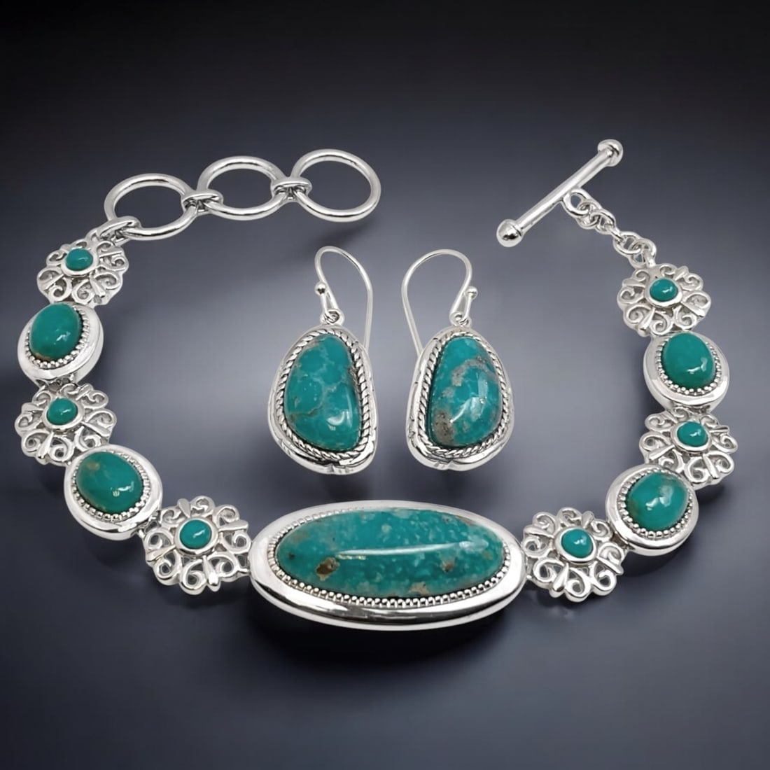Southwest Elegance Sterling Silver Turquoise Bracelet and Earrings Combo Set (1 of 1)
