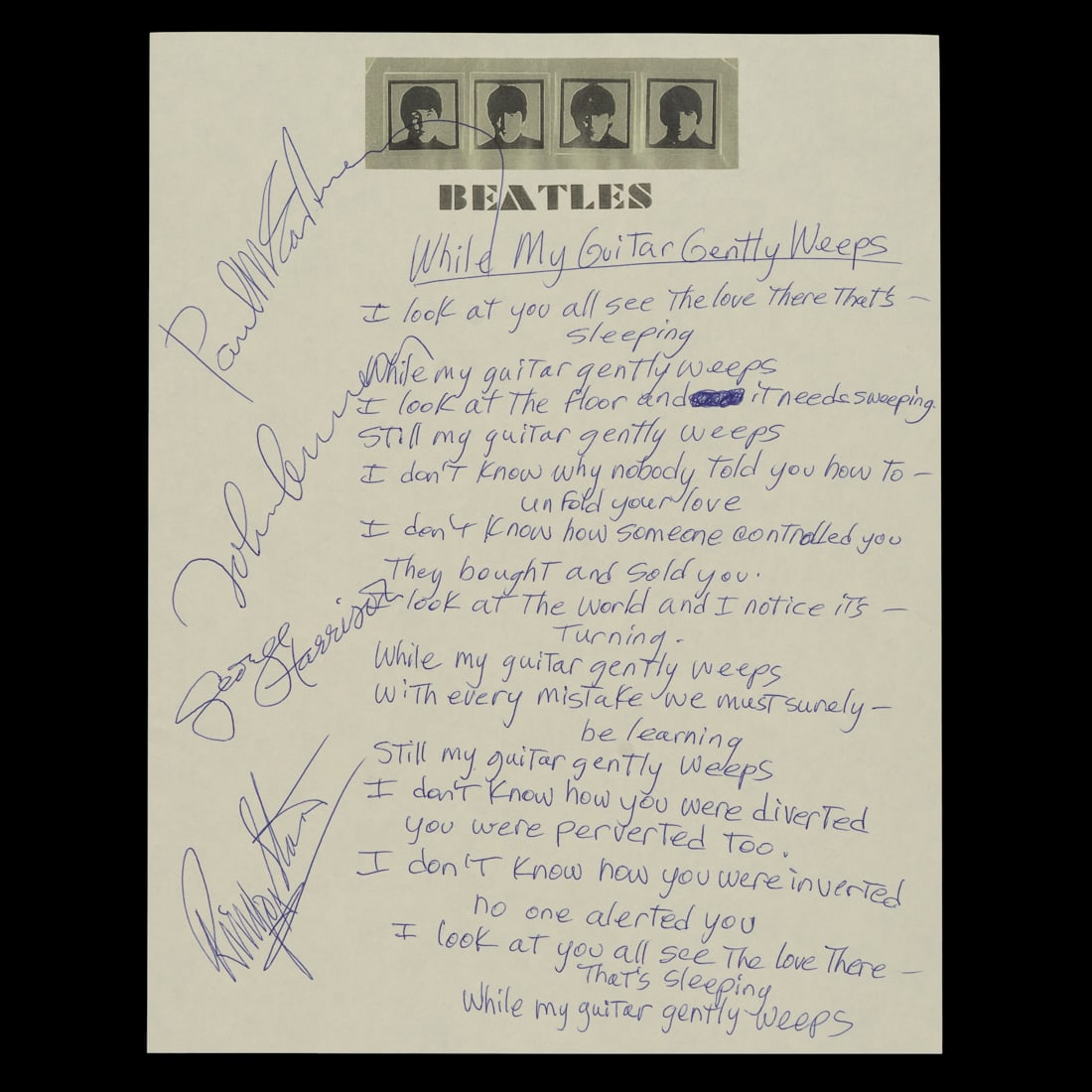 The Beatles Signed Handwritten Lyrics to "While My Guitar Gently Weeps" (1 of 5)