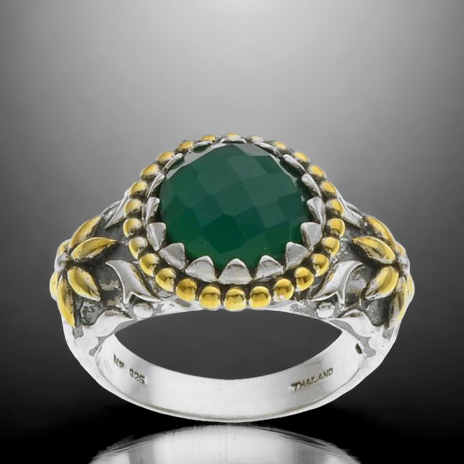 Green Agate Flower Motif 14K Gold over Sterling Silver Two Tone Ring - Size 7 (1 of 1)
