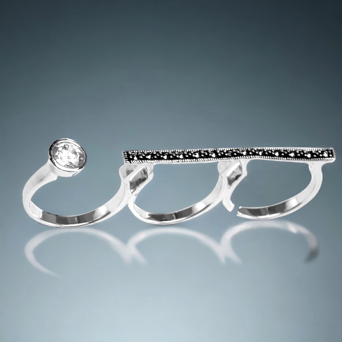 Bold Marcasite & Simulated Diamond Sterling Silver Three-Finger Bar Ring - Size 7 (1 of 1)