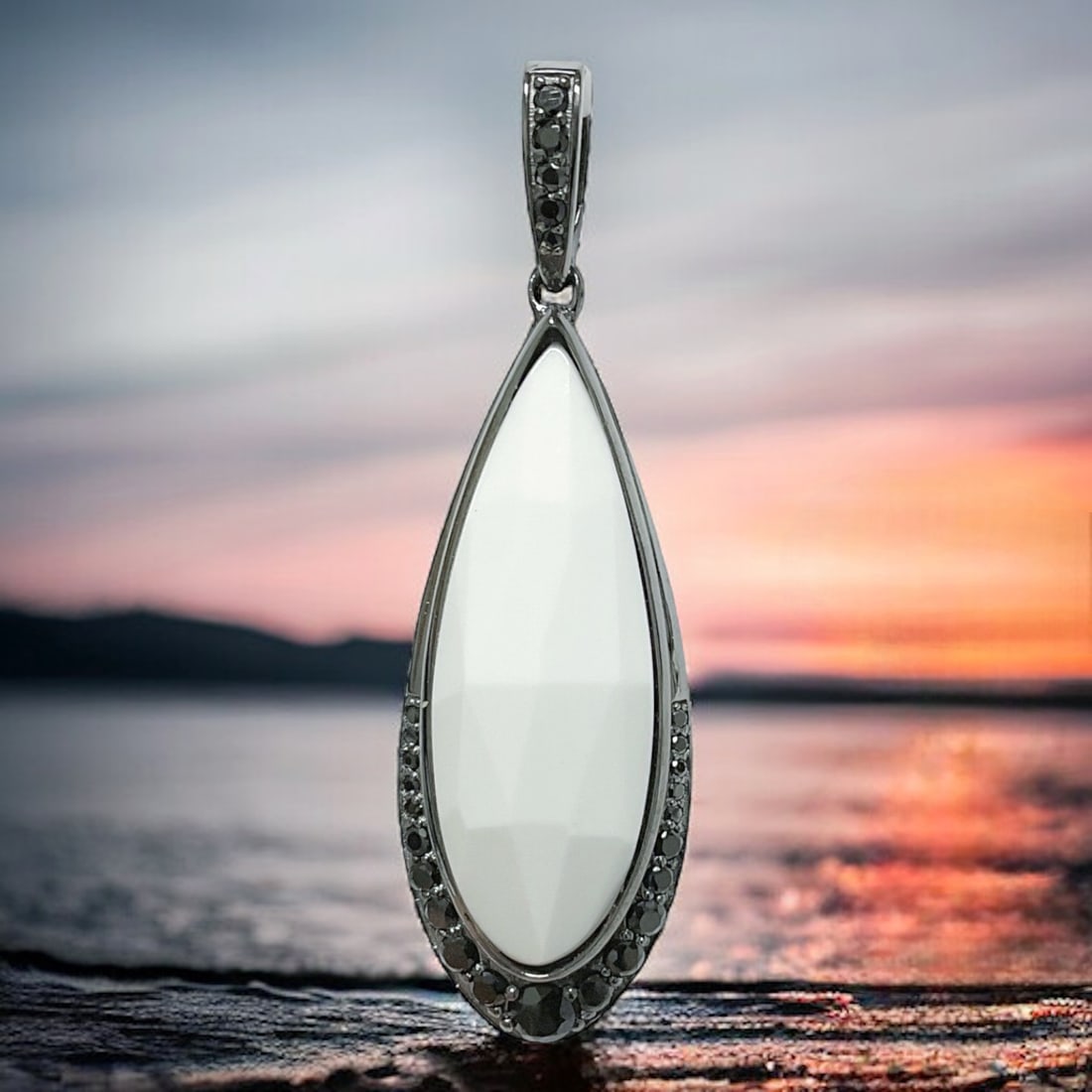 Transcendent White Agate Pendant finely crafted with Black Spinel and set in Sterling Silver (1 of 1)
