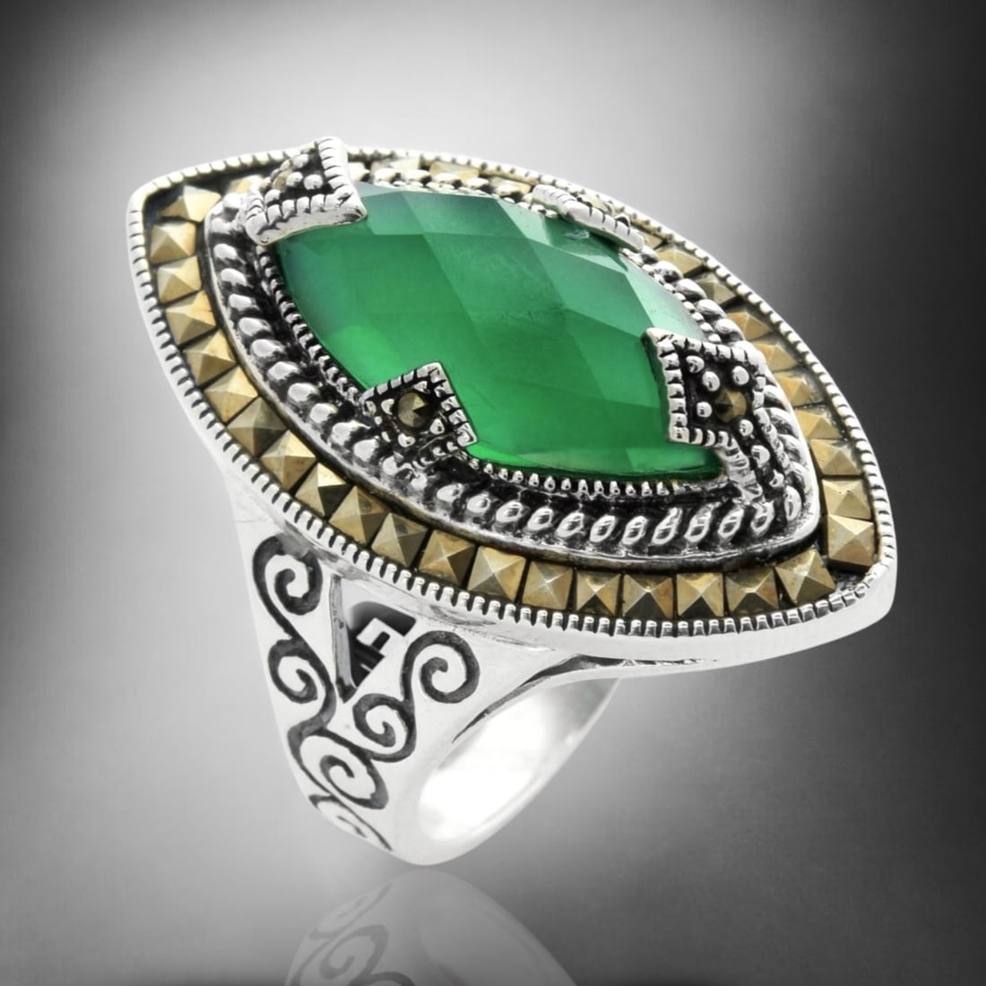 Faceted Green Agate Sterling Silver Ring with Marcasite Accents to provide a sophisticated style - (1 of 1)