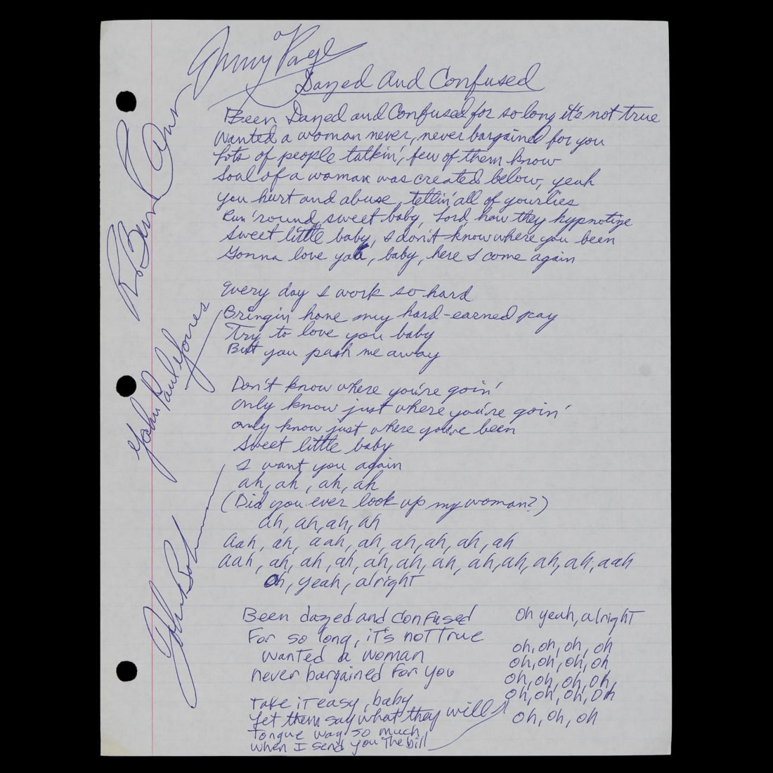 Led Zeppelin Band Signed & Handwritten Lyrics to "Dazed and Confused" (1 of 4)