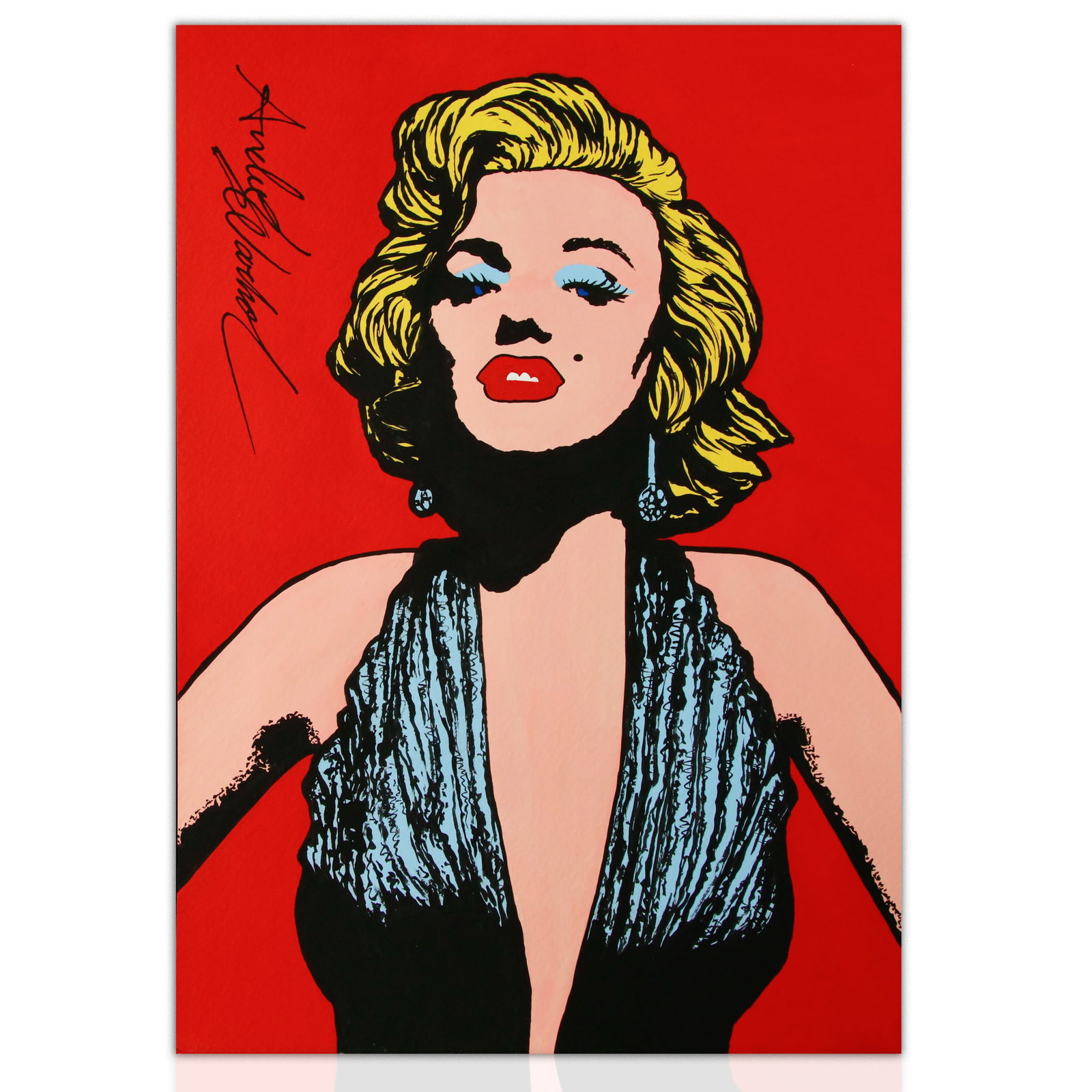 Andy Warhol–Style Artwork – “Marilyn on Red”: Description: Andy Warhol–Style Artwork – “Marilyn on Red”. Offered in the style of Andy Warhol, this vibrant 11.5 x 8 inch artwork on paper captures the iconic image of Marilyn