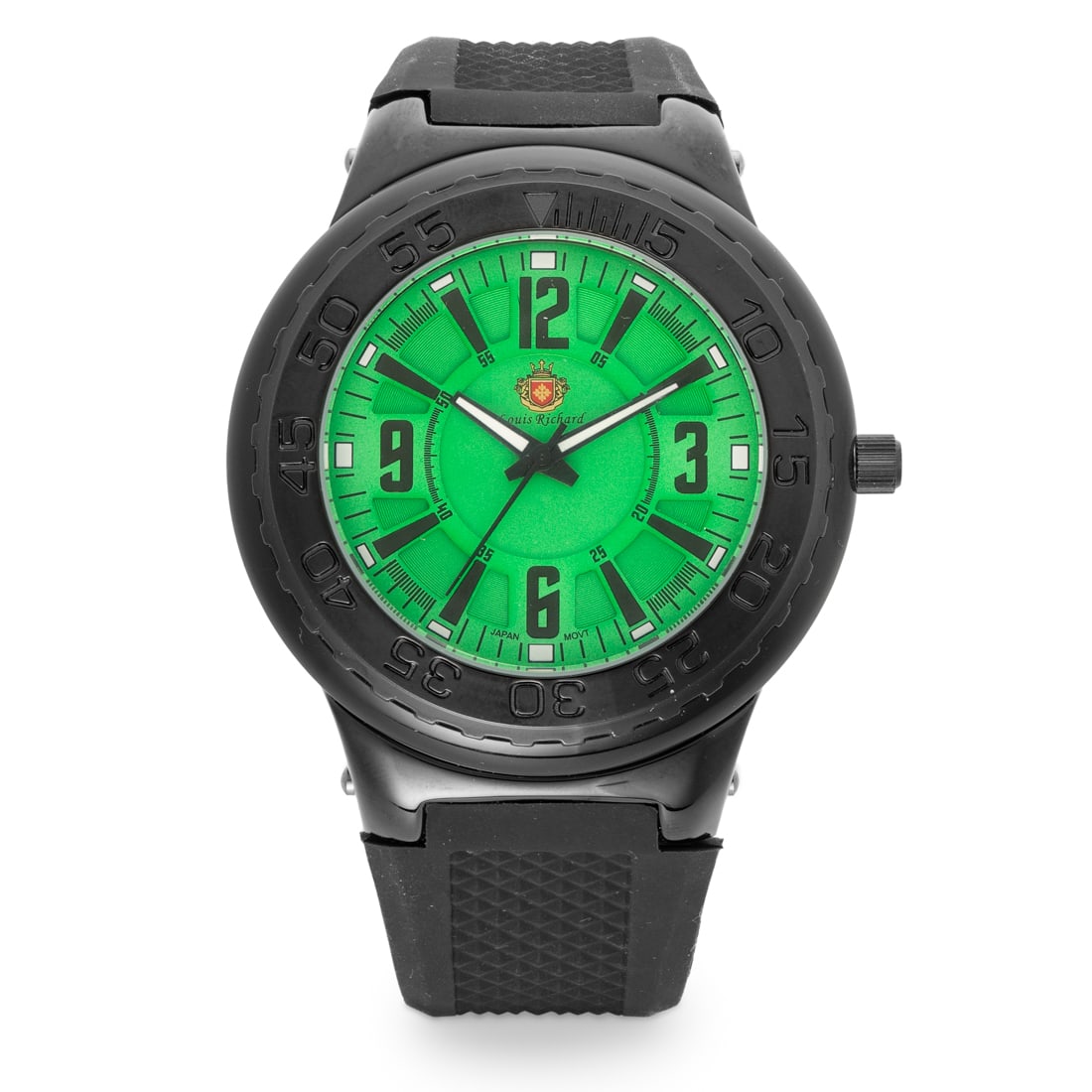 Louis Richard Bold Mens Watch: Stand out with the Louis Richard Bold Men’s Watch. Featuring a commanding 51mm black case and a bold green dial, this timepiece exudes modern flair. The durable black silicone band offers comfor