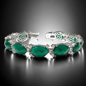Glamourous Emerald Green Faceted Agate Sterling Silver Bracelet - 7.5"