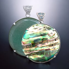 Elegant Reversible Sterling Silver Pendant with Green Adventurine on one side and Abalone on the