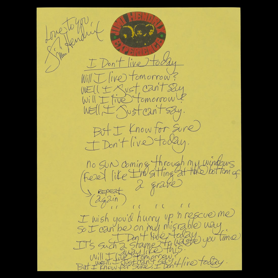 Jimi Hendrix Signed & Handwritten Lyrics to "Manic Depression" (1 of 6)