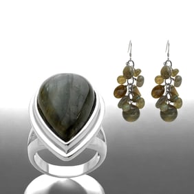 Labradorite Cluster Dangle Earrings and Ring Size 5 Combo Set