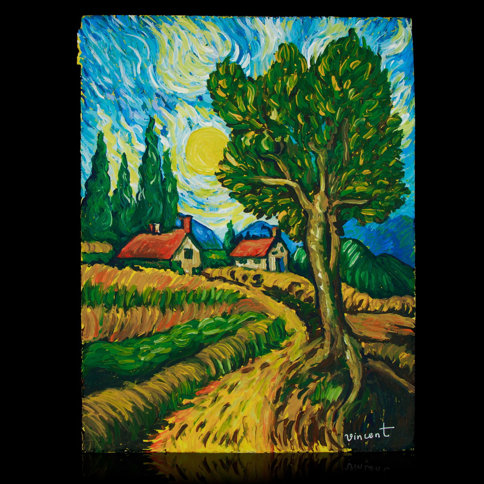 Vincent Van Gogh Attributed Painting on Paper – Farm Hillside Scene (1 of 15)