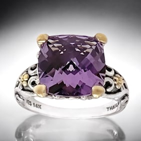 Alluring 14K & Sterling Silver Checkboard Amethyst Ring - Size 9