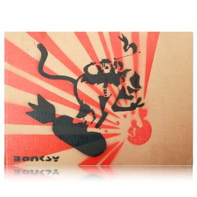 Banksy Attributed Cardboard Art - Monkey Riding a Bomb