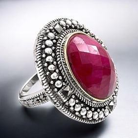 14K Gold & Sterling Silver Cherry Quartz & Marcasite Ring - Size 7