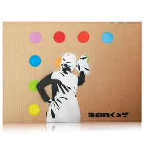 Banksy Attributed Cardboard Art - Woman Wiping Colored Dots