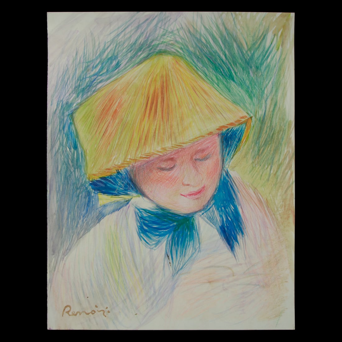 Pierre-Auguste Renoir Attributed Drawing – Woman with Hat and Blue Ribbon (1 of 8)