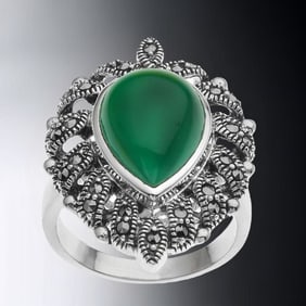 Devine Green Agate Sterling Silver Ring surrounded by Marcasite - Size 7