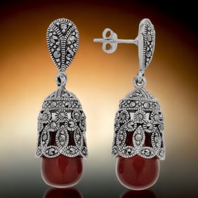 Deep Red Agate Sterling Silver Earrings with Marcasite