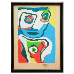 Karel Appel Painting – "Colorful Face on Pressed Paper" Attributed
