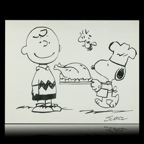 Charles Schulz Drawing – Charlie Brown, Snoopy, and Woodstock with Thanksgiving Turkey