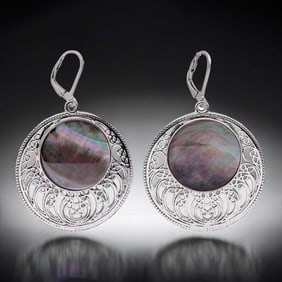 Exotic Black Mother-of-Pearl Sterling Silver Earrings with a Filagree Design