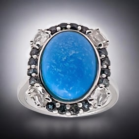 Multi Gemstones and Ceruleite Sterling Silver Halo Ring - Size 7