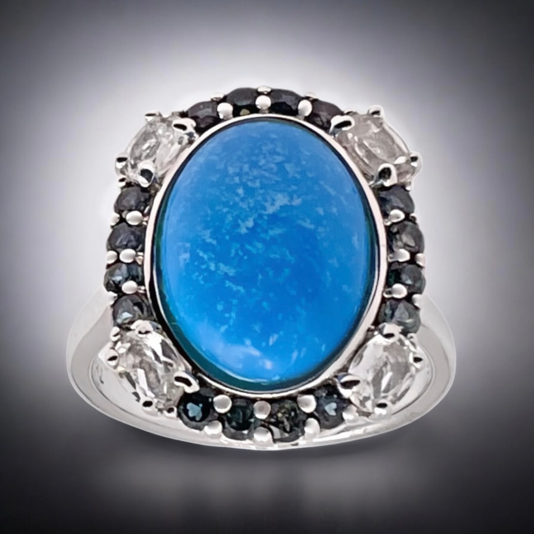 Multi Gemstones and Ceruleite Sterling Silver Halo Ring - Size 7 (1 of 1)