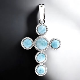 Spiritual Sterling Silver Cross Pendant with Larimar Gemstones