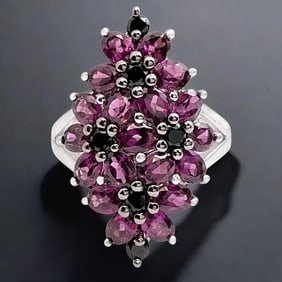 Rhodolite Garnet and Black Spinel Sterling Silver Flower Ring - Size 7