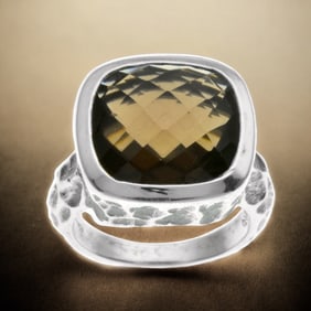 Checkerboard Smoky Quartz Textured Sterling Silver Ring Size 10
