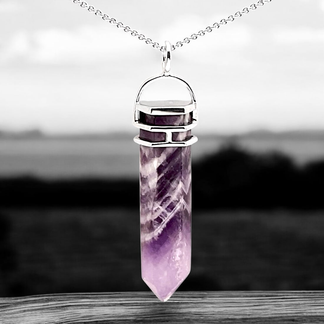 Sterling Silver Amethyst Hex Point With 24 inch Chain (1 of 1)