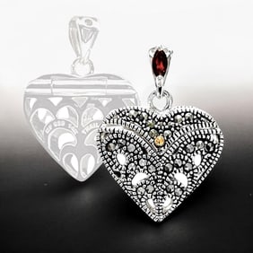 14K Gold & Sterling Silver Marcasite Heart Locket Pendant