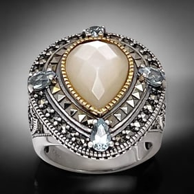 Pear Shaped White Mother of Pearl and Blue Topaz Marcasite Sterling Silver Ring - Size 8