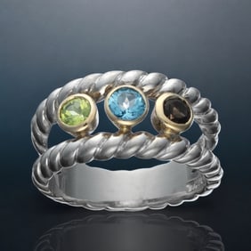 14K and Sterling Silver Multi Gemstones Sterling Silver Ring - Size 6.75