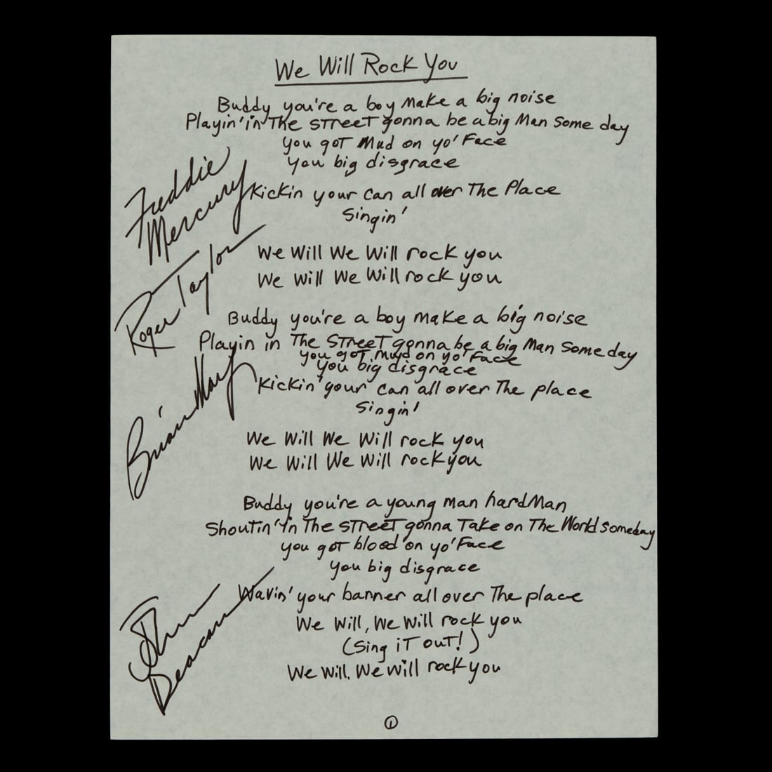 Queen Signed Lyrics for "We Will Rock You," Handwritten by Brian May (1 of 9)