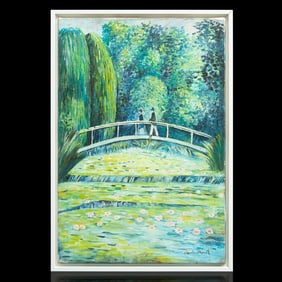 Claude Monet Attributed Painting, "Man and Woman on Bridge"