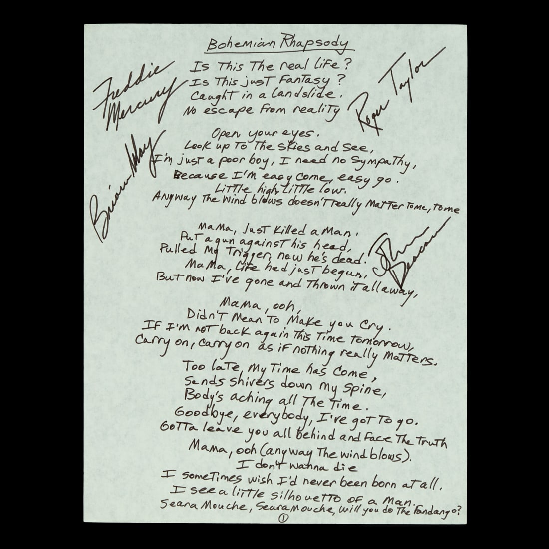Queen Signed & Handwritten Lyrics, "Bohemian Rhapsody" (1 of 9)