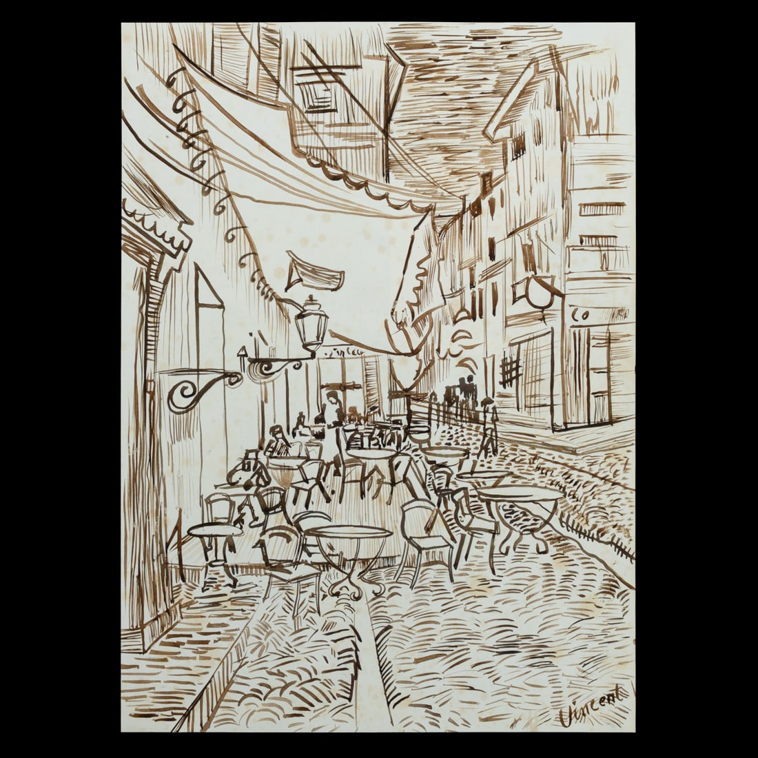 Vincent van Gogh Attributed Ink Drawing, "Cafe Terrace at Night" (1 of 10)